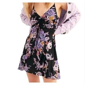 Free People Happy Heart Slip On Mini Dress XS Straps Black Floral Boho Summer